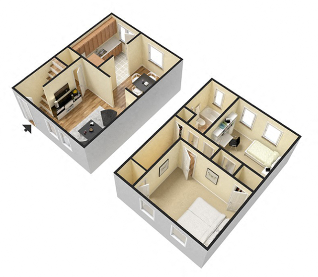 Floor plan for 2 beds, 1.5 baths, 863 sqft